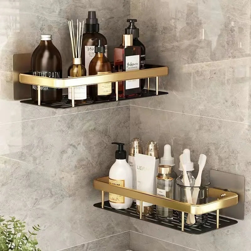 Estante de baño montado en pared detalle dorado